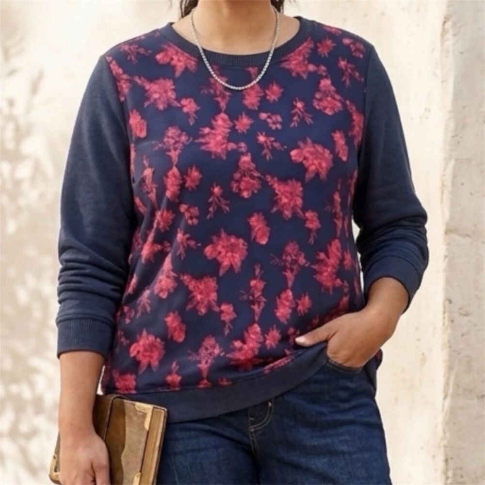 Lauren Ralph Lauren Sweatshirt Womens Plus Sz 2X Navy Red Floral Knit Sweater - Picture 1 of 8